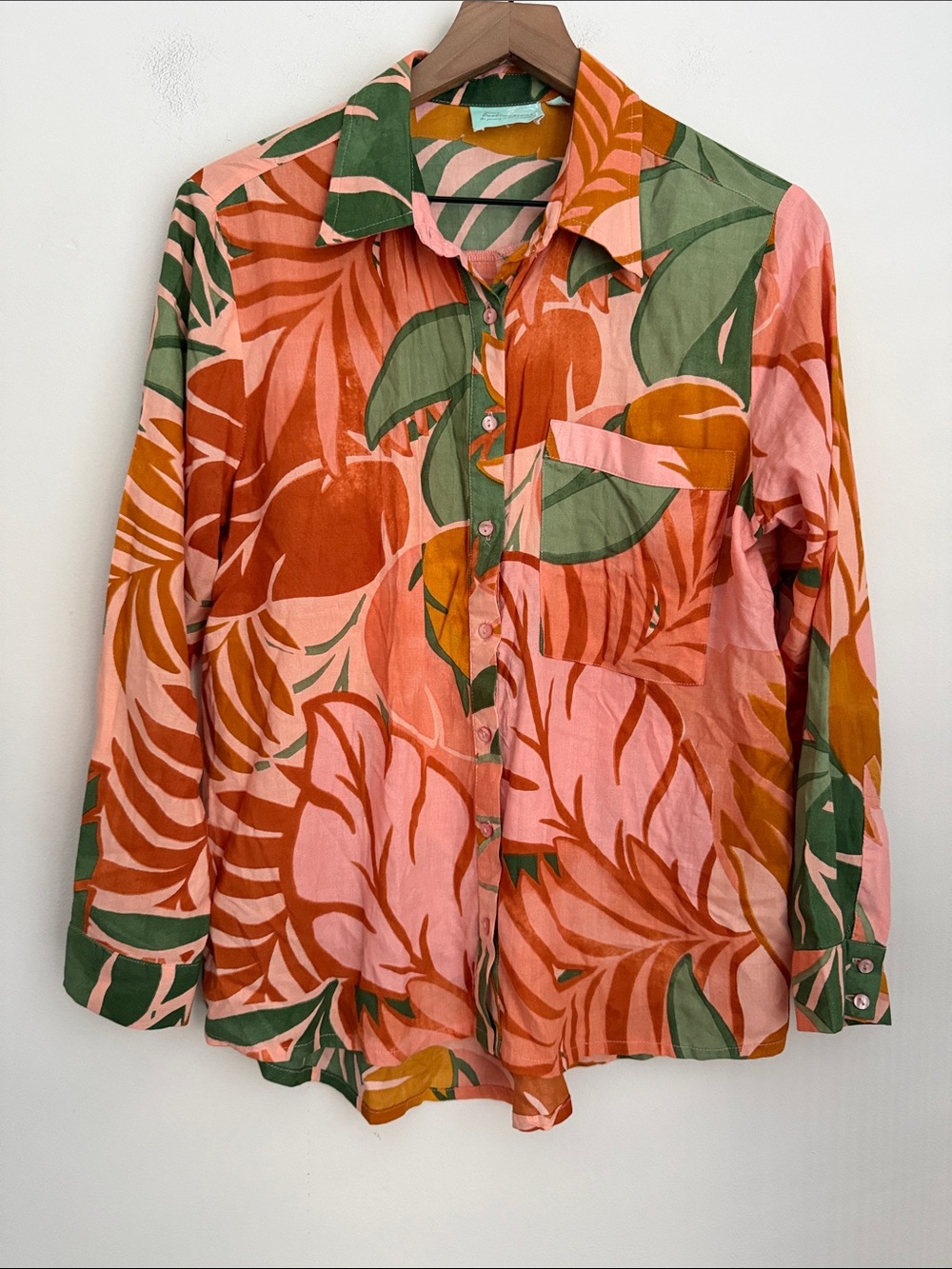 True‎ Destinations button up Shirt long sleeve Cover Up Palm Leaf multicolor S